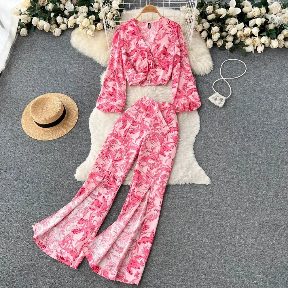 Maxy Summer Women Floral Printed Two Piece Set Sexy V Neck Lantern Sleeve Short Tops + Wide Leg Pants Suit Vacation Beach New