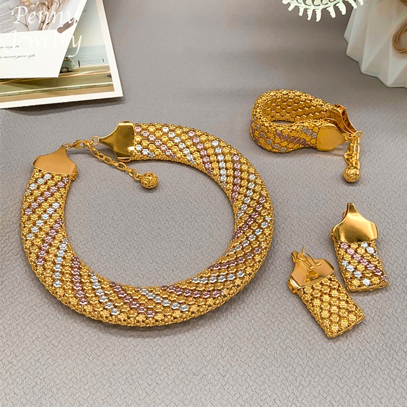 Trendy African Jewelry Set for Women Chunky Necklace Earrings Bracelet Dubai 18K Gold Plated Fashion Jewellery for Party Wedding