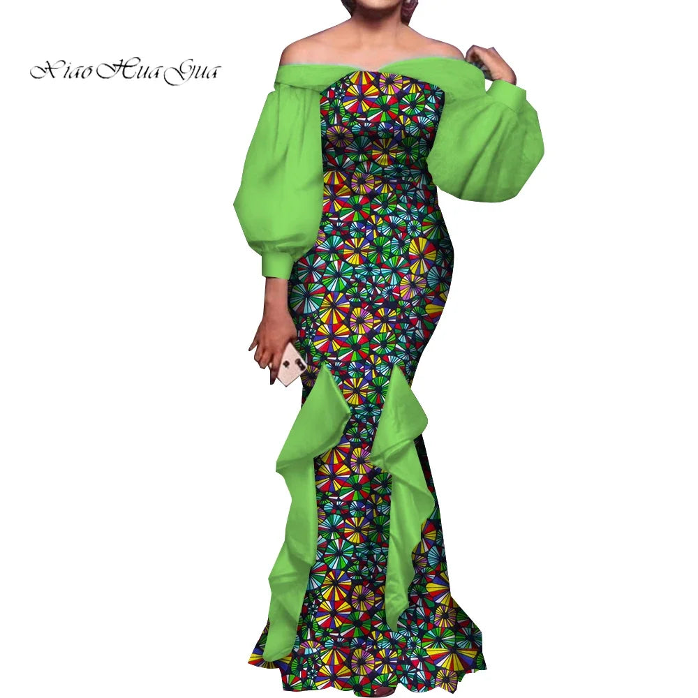 Amay Fashion Women Ankara Dresses Flash Neck Puff Sleeve Long Dress African Dress Robe Africaine Femme Evening Mermaid Dress WY1848