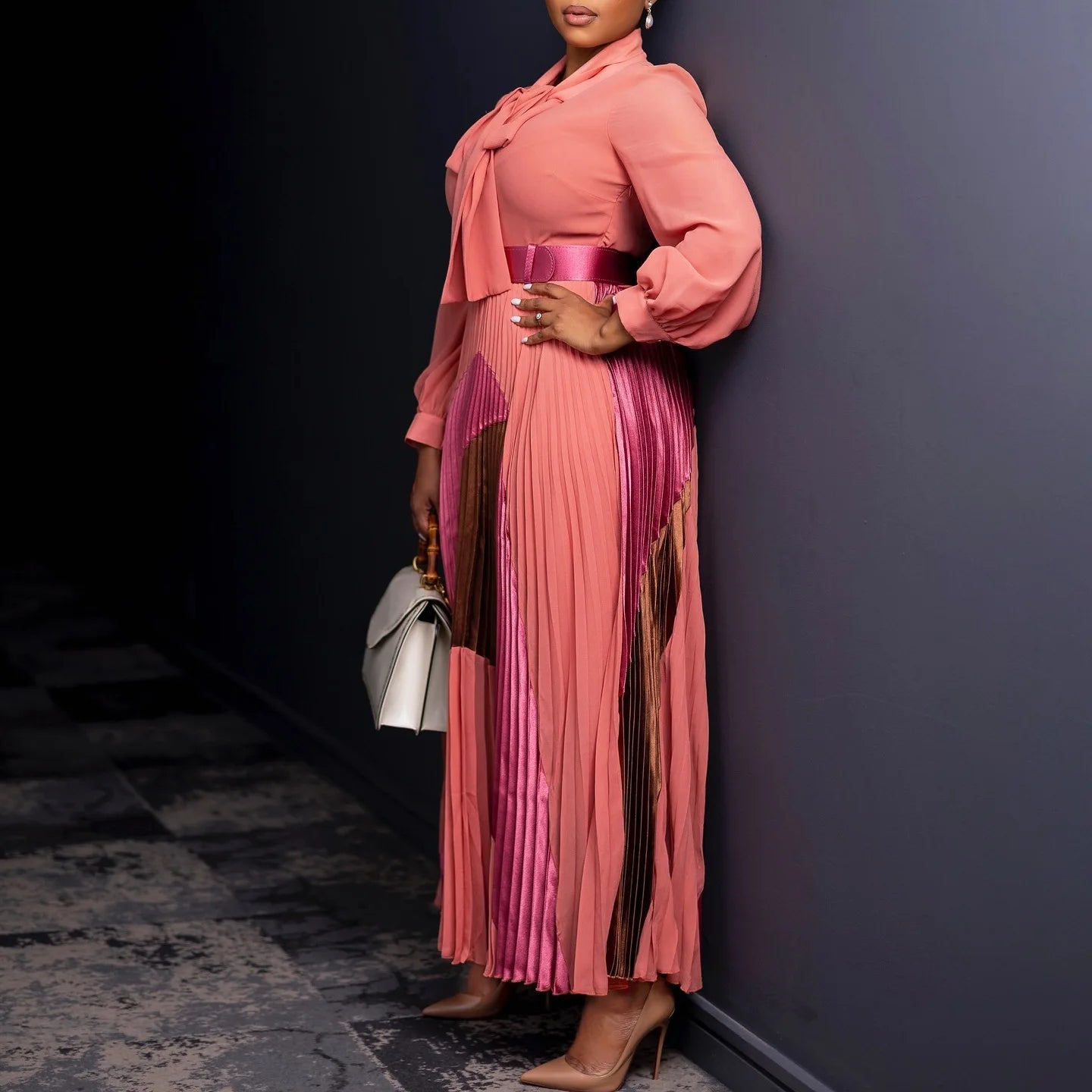 Amay Clothes for Women Elegant Pleated Bow Collar Maxy Dress and Belt Africa Clothing Robe Femme Spring