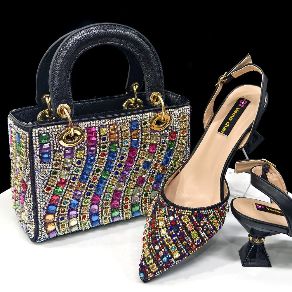 Maxy Summer New Design Specials Italian Women Shoes and Bag Set Blue Color Comfortable Low Heels With Rhinestone