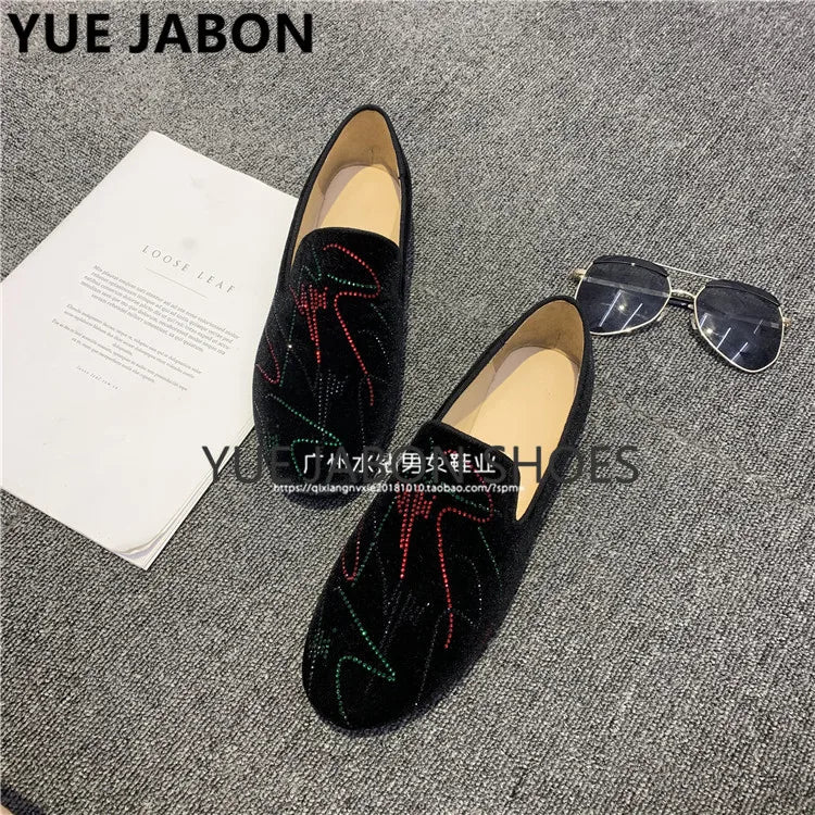 Visco New Fashion Men Rhinestone Shoes British Men's Flats Smoking Slippers Men Loafers Dress Shoes Black Casual Shoes Gladiator Mens