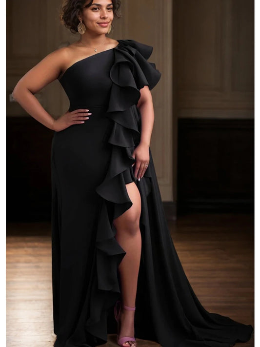 Amay Plus Size Party Long Black Dresses for Women Sexy One Shoulder Ruffle Trim Split-Front Elegant Wedding Prom Maxy Dresses