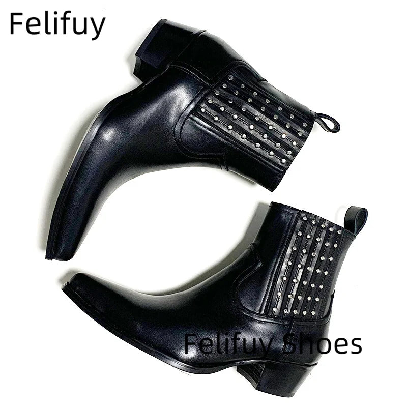Maxy Studded Chelsea Boots Men Black Ankle Boots Luxury Designer Real Leather Men Booties Handmade Luxury Botas Thigh High Boots
