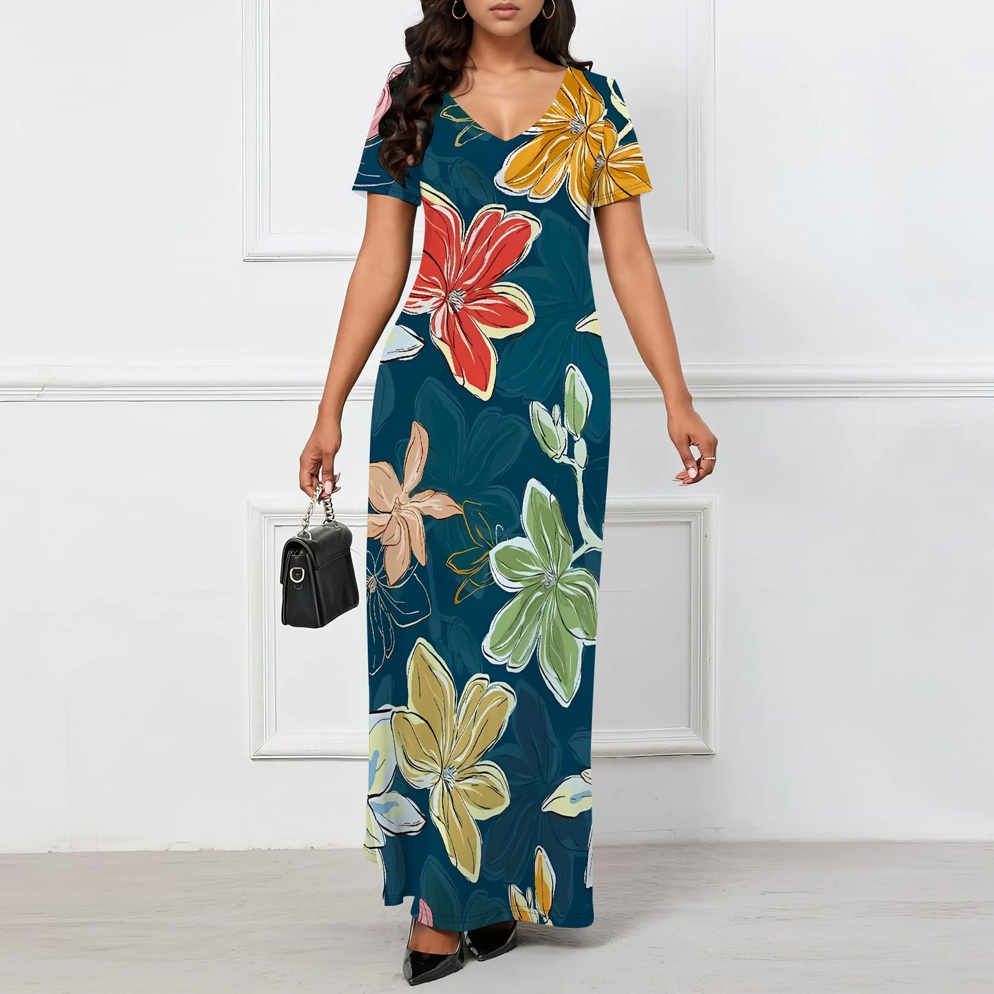 Maxy Women's Multicolor Floral Print Maxy Short Sleeve V Neck Long Dress Casual Summer Beach Holiday Wear