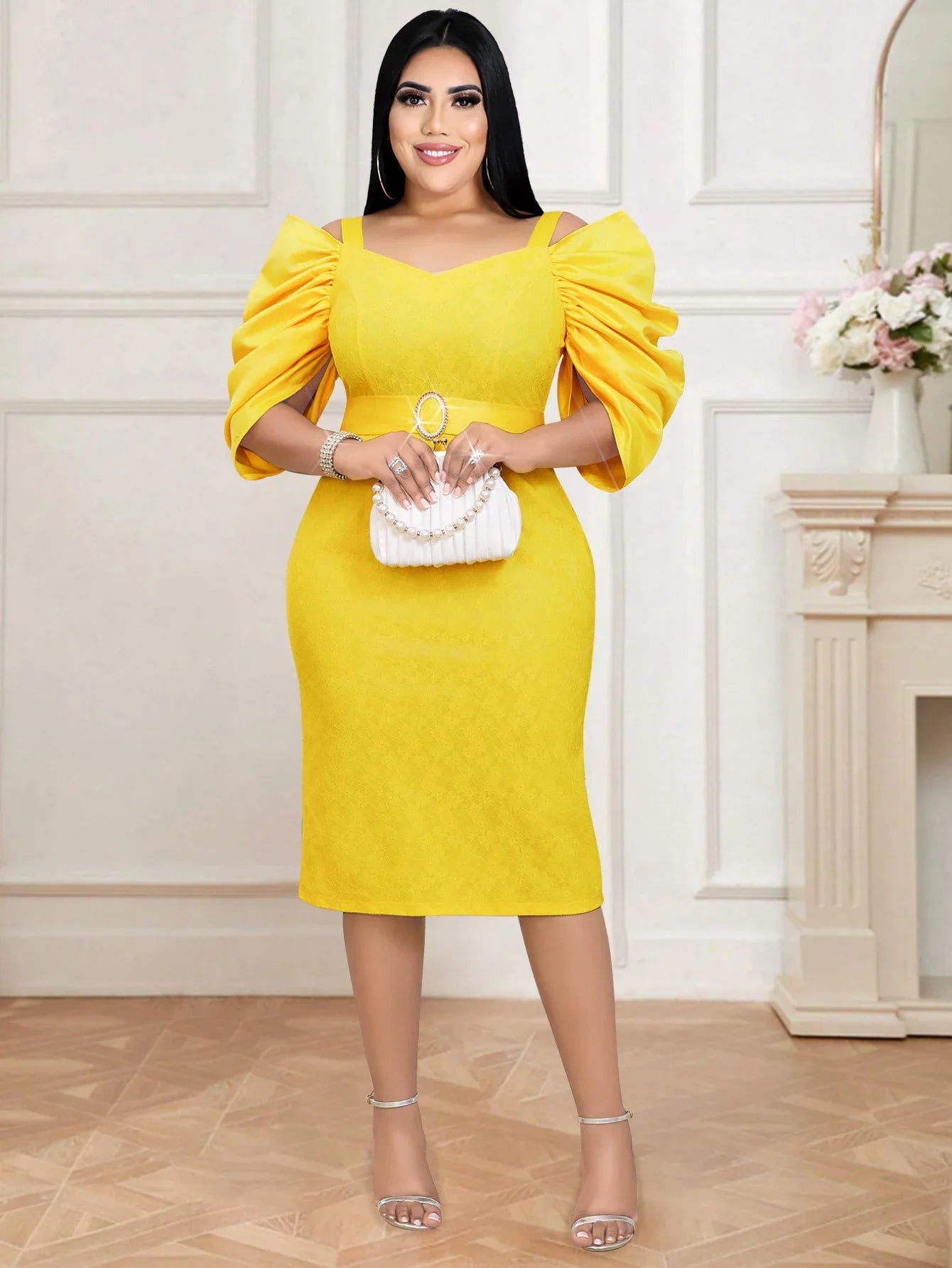 Elegant Yellow Maxy Lace Dress For Women Short Puff Sleece High Waist Package Hip Gowns Formal Celebrate Evening Prom Home coming Robe