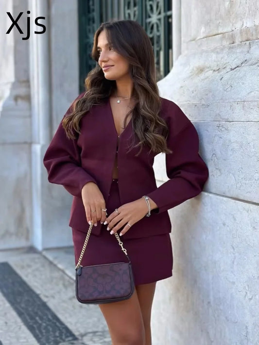 Maxy Knit Mini Skirt Sets Women 2 Piece Outfit Single-Breasted V-Neck Long Sleeve Top And Skirt Set Female Two Piece Office Wear