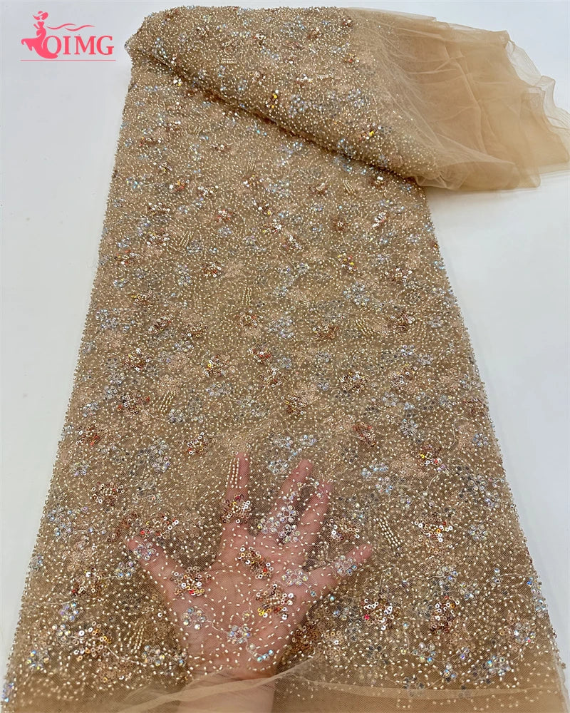 Maxy OIMG African Beaded Lace Fabric for Women, Mesh Lace, Embroidered French Sequins, Sewing Evening Dress, High Quality,