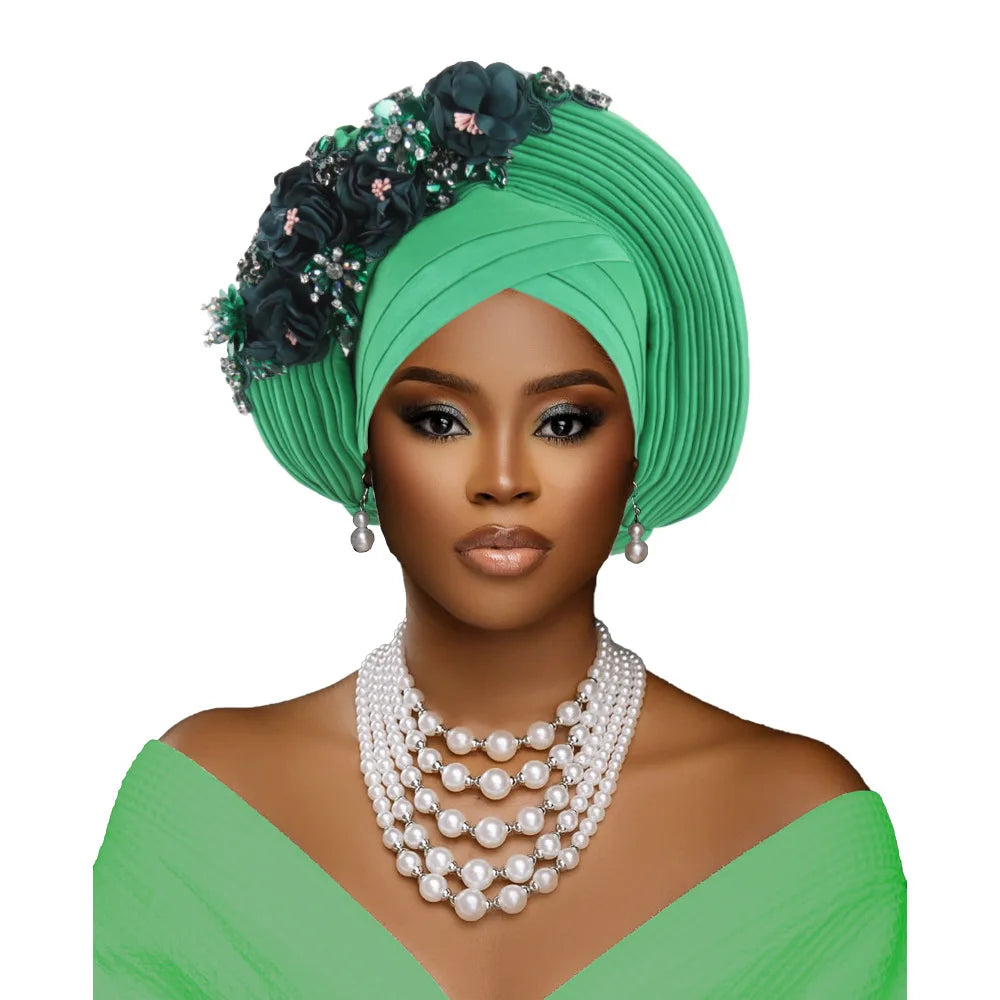 Maxy Fashion African Head tie Turban Nigeria Head Ties Flowers Already Made Auto Gele Women Head Wraps for Wedding Party Headpiece New