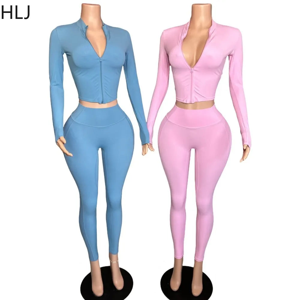 HLJ Quality Casual Sporty Two Piece Sets Women Zipper Long Sleeve Slim Top And Legging Pants Tracksuits Female Stretchy Outfits