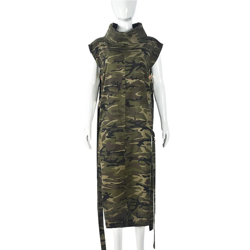 Maxy Vintage Fashion Women's Hollow Out Bandage Design Denim Dress Autumn Stand Collar Sleeveless Dresses Female 1LS029