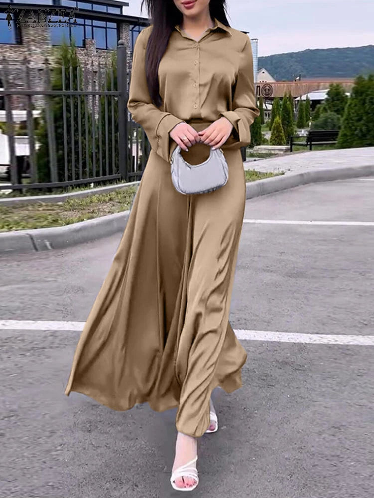 Maxy ZANZEA Vintage Satin Silk Dress Suit Fashion Solid Shirt Outfits Swing Skirt Sets Casual Loose Buttons Holiday Office 2pcs Sets