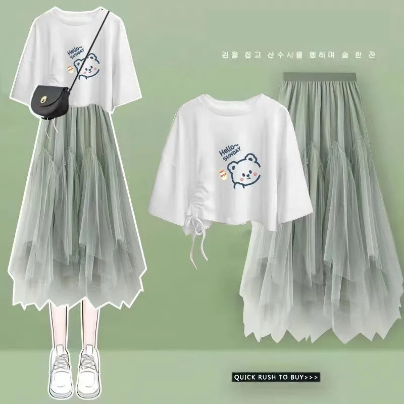 Maxy Summer New Korean Elegant Cute Short Sleeved T-shirt+Mesh Midi Skirt Two Piece Suit Women's Loose Top Dress Matching Set