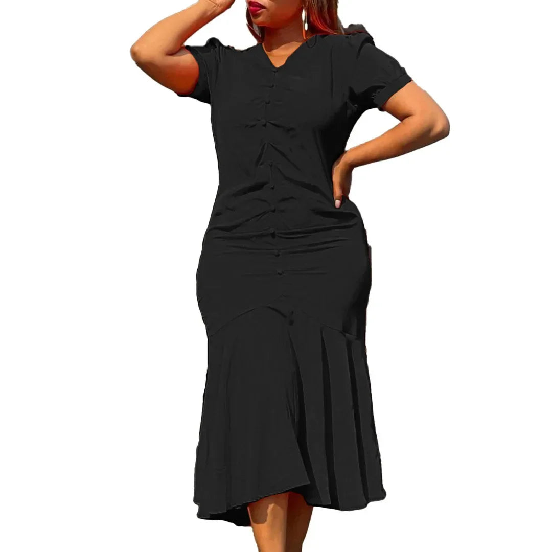Amay Summer Elegant African Women V-neck Polyester Green Black Red Short Sleeve Dress S-3XL African Dresses for Women