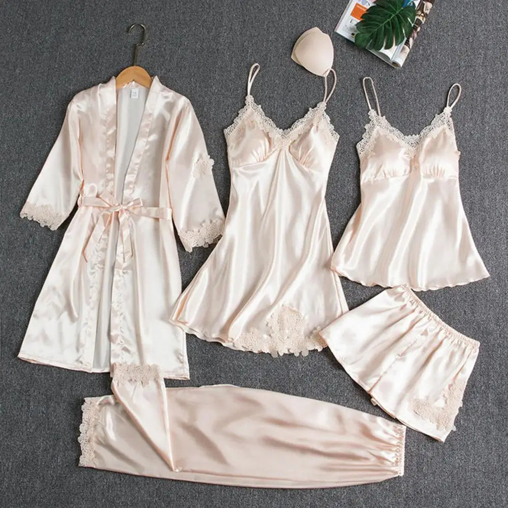 Silk Pajama Set Elegant Satin Lace Pajama Set with Lace-up Waist 5-piece Women's Nightwear Set Silky Nightgown with Top Shorts