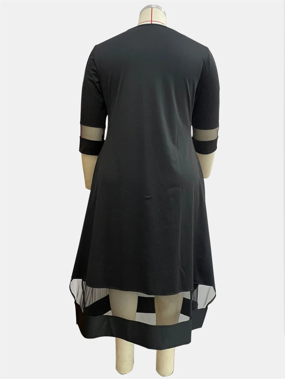 Maxy Plus Size Black Contrast Mesh Splicing Long Dress Women Summer O-Neck 3/4 Sleeve Elastic Knitted Elegant A-Line Dresses