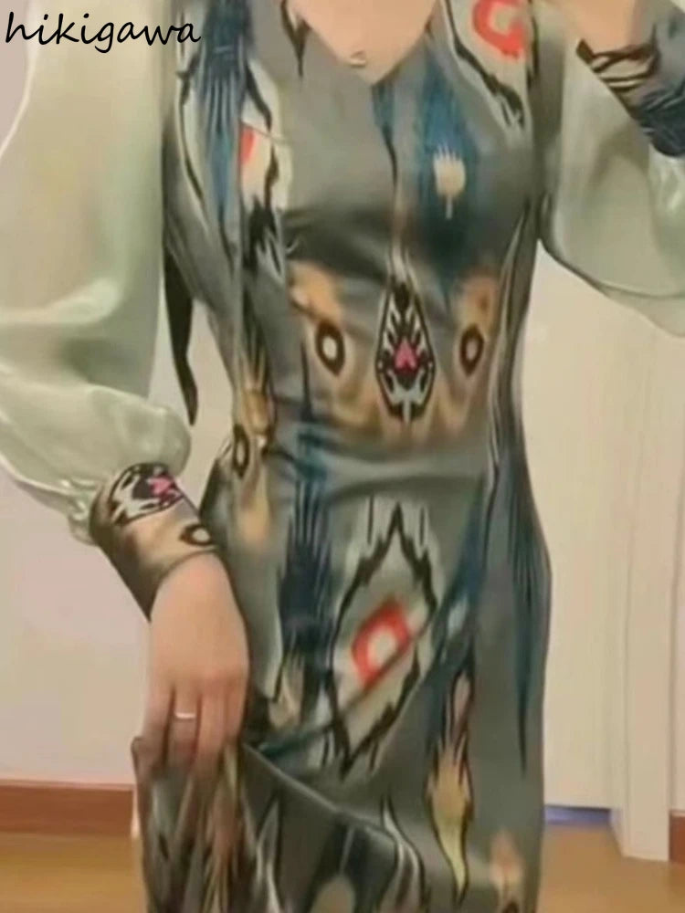 Maxy Dresses for Women Temperament Print Robe Femme V-neck Puff Sleeve Tunic Vintage Summer Dress