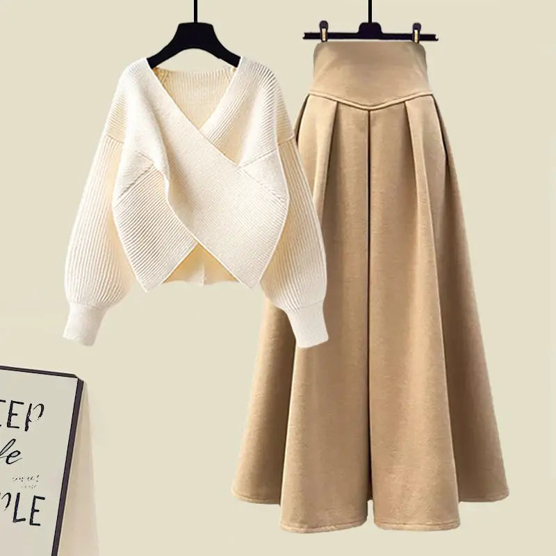 Maxy Style Autumn New Chest Cross Knitted Sweater Pullover Pleated Half Skirt Two-piece Set Fashionable Women's Skirt Set