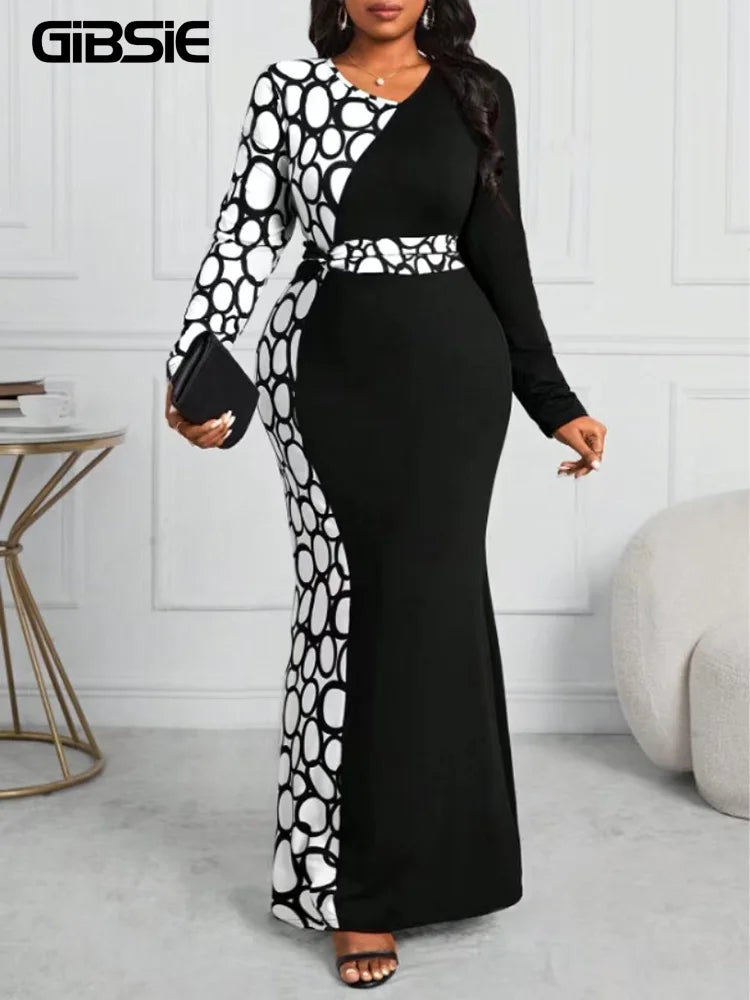 Maxy  Plus Size Autumn V-neck Long Sleeve Mermaid Hem Bodycon Dress Women Black Contrast Print Elegant Maxy Dresses New