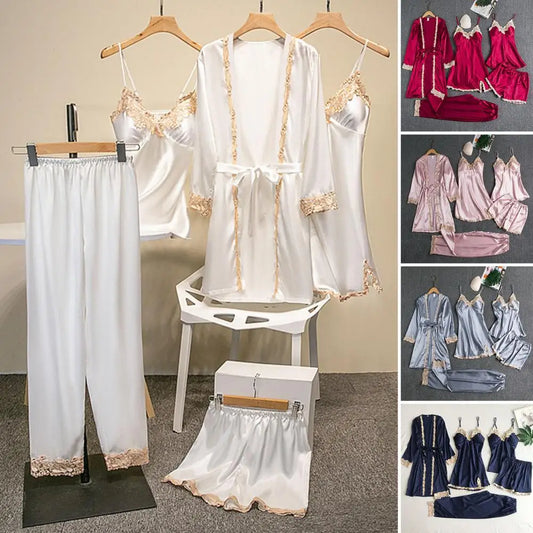 Women Satin Pajamas Elegant Satin Lace Pajama Set with Lace-up Waist 5-piece Nightwear Set for Women Silky Nightgown Shorts Set