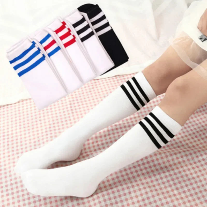 Maxy Kids Knee High Socks Girls Boys Football Stripes Cotton Sports School White Socks Skate Children Baby Long Tube Leg Warm