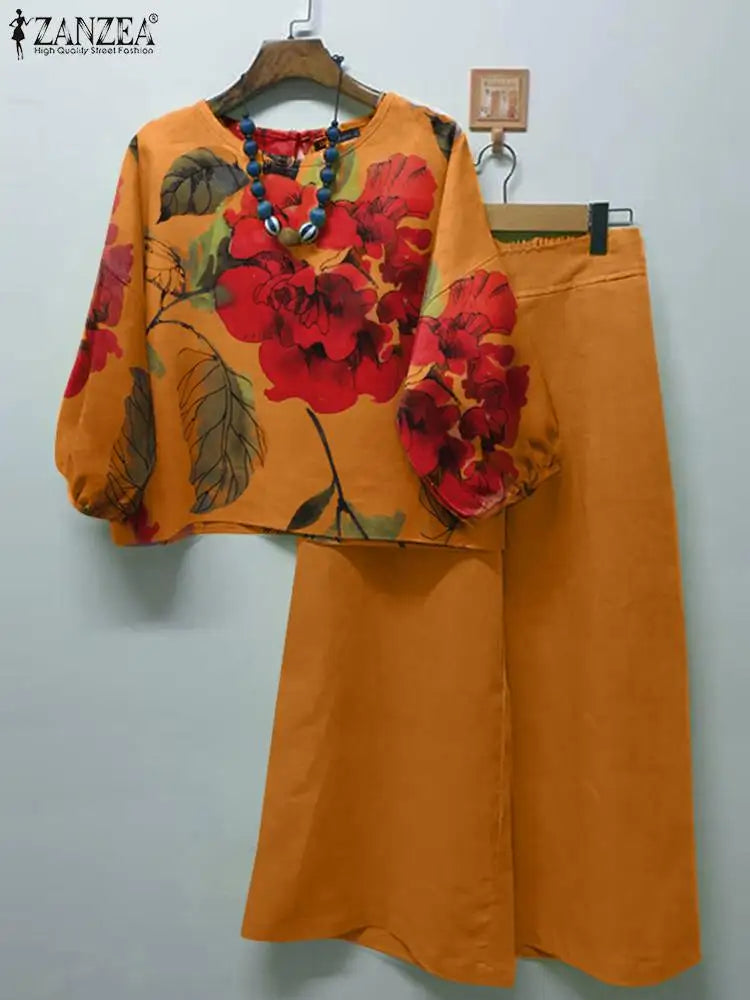 Maxy ZANZEA Summer Vintage Floral Printed Blouse Pants Sets Two Piece Sets Womens Outifits Bohemian Wide Leg Trousers Suits Tracksuit