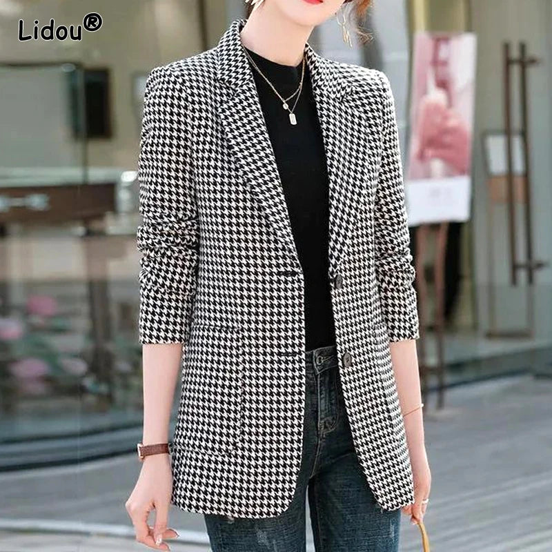 Maxy New Spring and Autumn Elegance Commuting Simple and Slim Fit Versatile Suit Collar Long Sleeved Bird Grid Oversize Suit