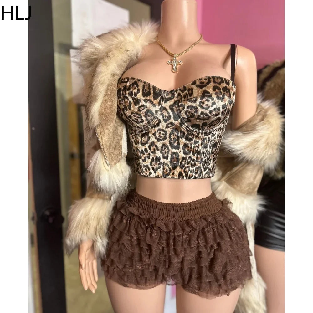 Maxy HLJ&GG Fashion Leopard Y2K Lace Ruched Skirts Shorts Two Piece Sets Women Spaghetti Strap Crop Tank Top And Mini Skirt Outfits