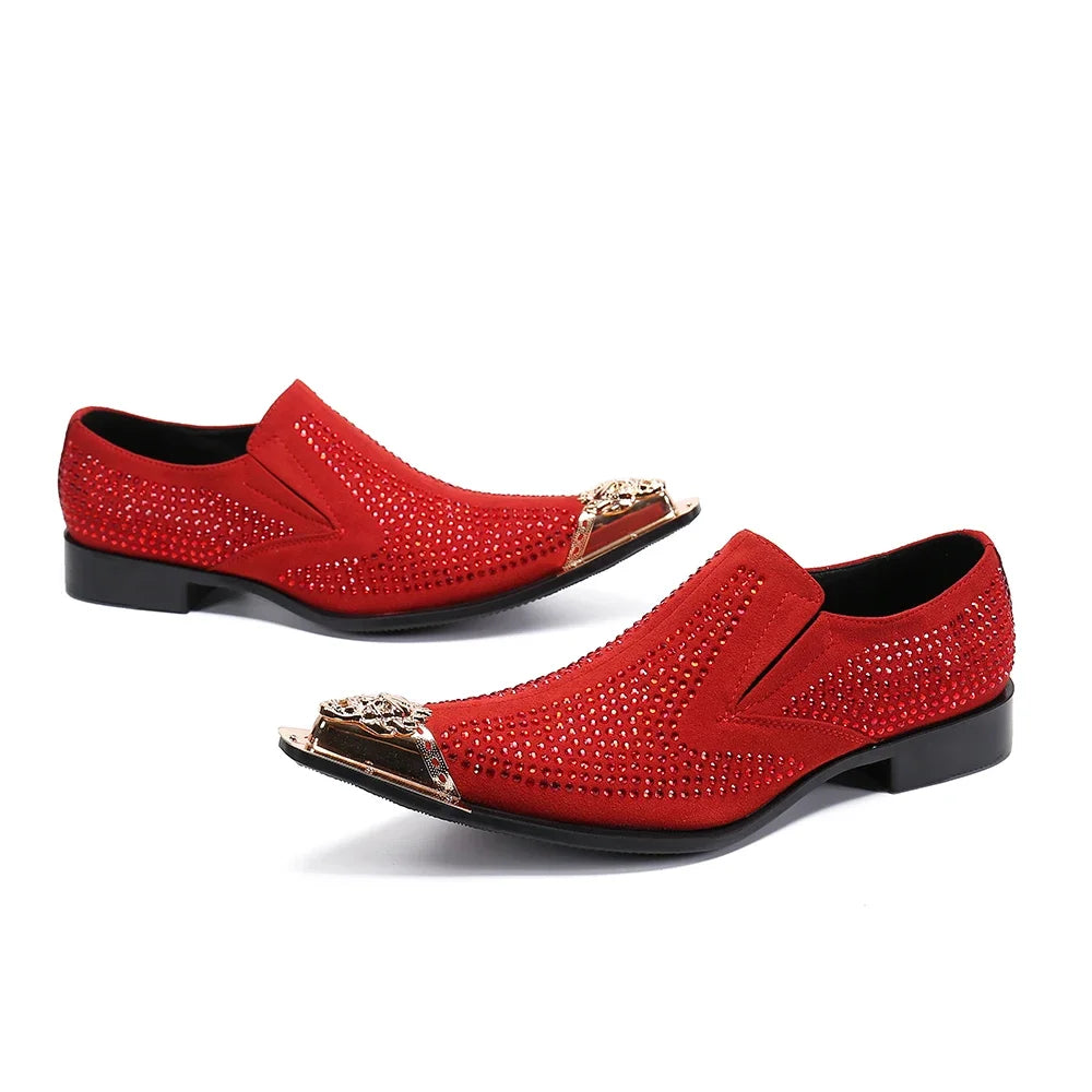 Amay Christia Bella Designer Red Black Rhinestone Party Men Shoes Metal Pointed Toe Wedding Dress Shoes Real Leather Business Shoes