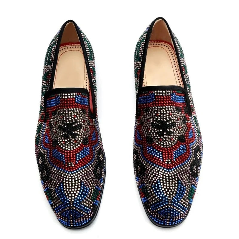 Visco Colorful Rhinestone Wedding Shoes Man Pointed Toe Real Suede Leather Slip On Flats Male Fashion Party Shoes