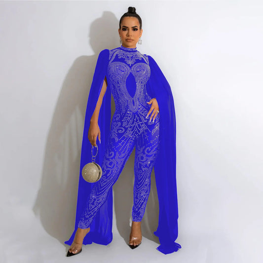 Maxy Shawl sleeve mesh crystal jumpsuit Women's jumpsuit Luxury transparent sequins Party jumpsuit Birthday set prom dresses