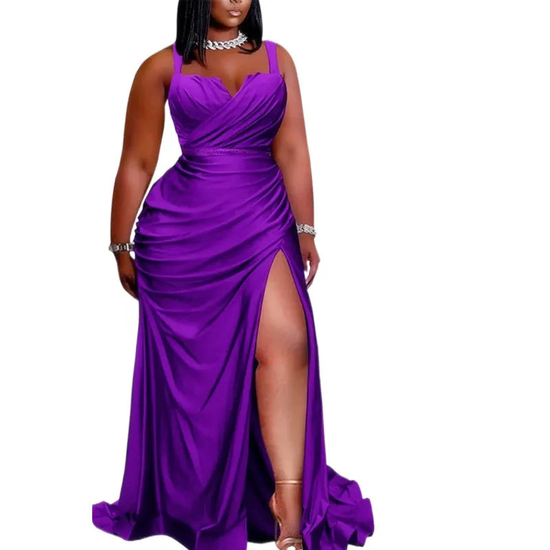 Maxy Plus Size Mercerized Cotton Sleeveless Front Slit Slip Dress For Women Purple Elegant Maxy Dresses Banquet Party Prom Gown