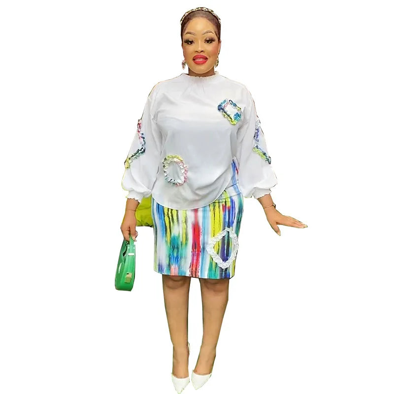 Summer Casual 2 Piece Women Dress Sets Fashion Long Sleeve Top And Short Skirt Suit Elegant Lady Print Dashiki African Clothes