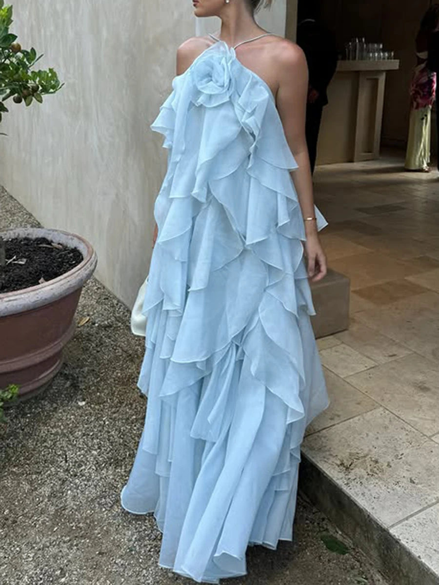 Maxy TWOTWINSTYLE Solid Spliced Ruffles Elegant Dresses for Women Halter Sleeveless High Wasit Backless Loose Dress Female Fashion