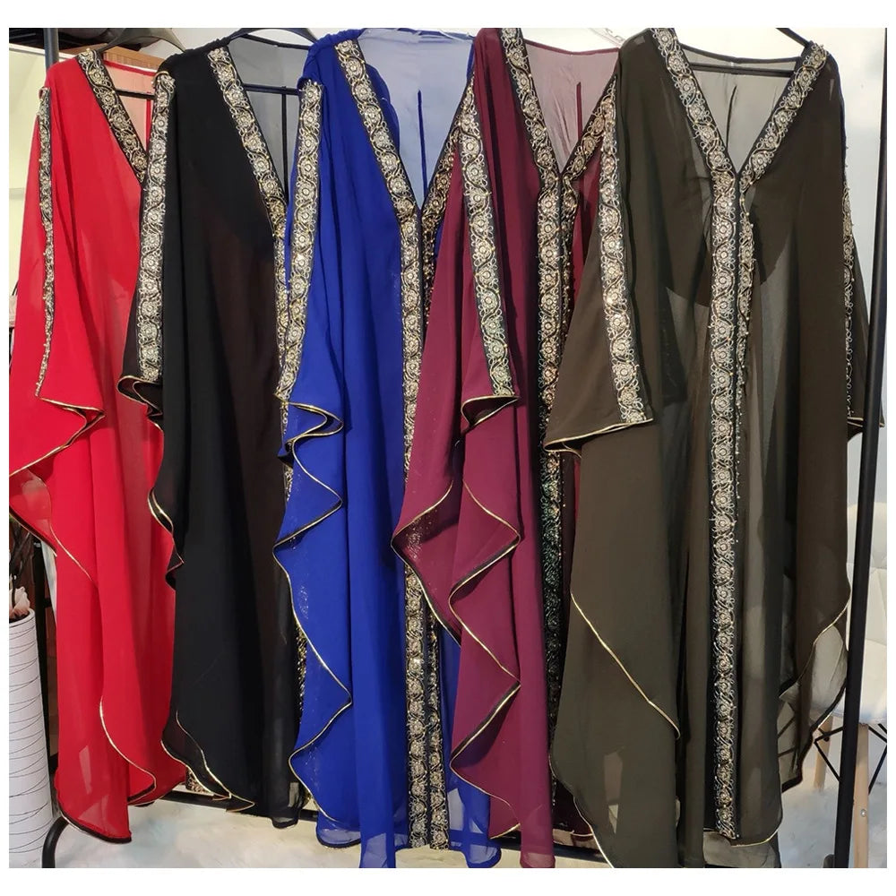 Maxy Morocco Kaftan Dubai Hooded Maxi Dress Bat Sleeve Farasha Kaftan Muslim Women African Open Kimono Boubou Evening Long Gown