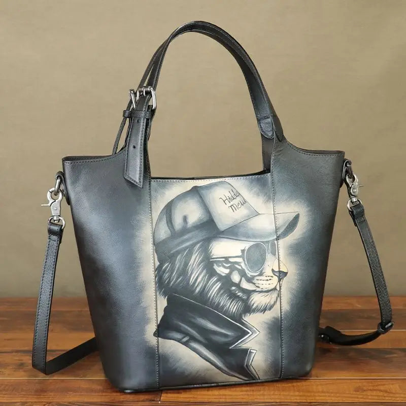 Maxy First Layer Cowhide Leather Women's Handbag Vintage Female Hand Drawn Tote Bag Large Capacity Shoulder Crossbody Bags