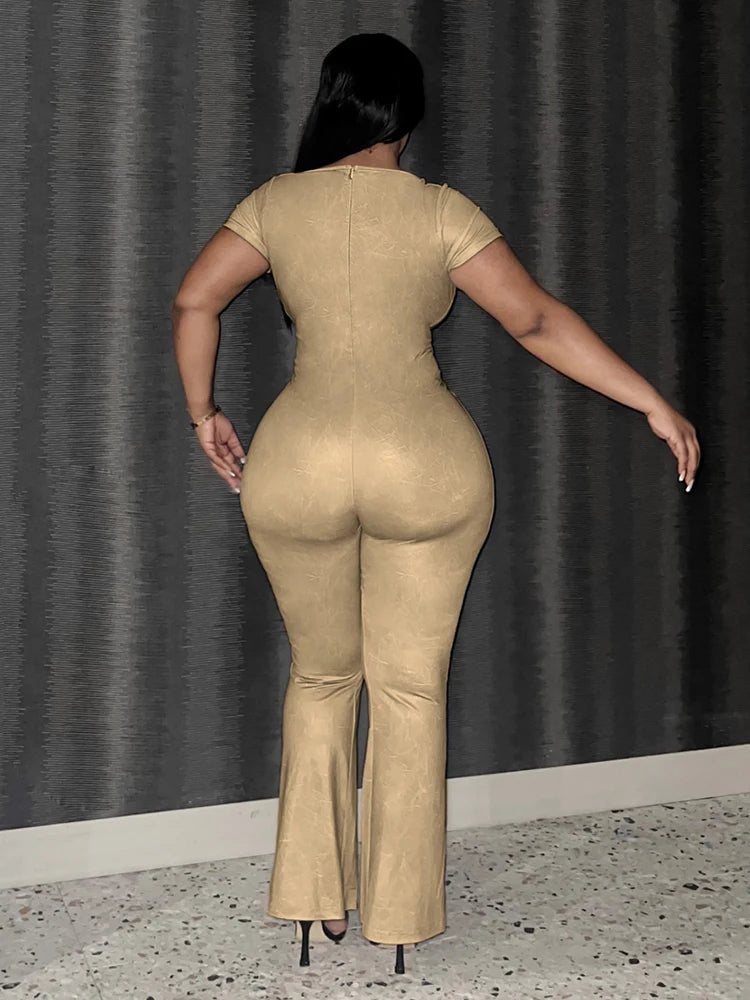 Amay Plus Size Flared Jumpsuits for Women Autumn Casual Short Sleeve V Neck Zipper Skinny Trousers Large Size Full Jumpsuit Woman