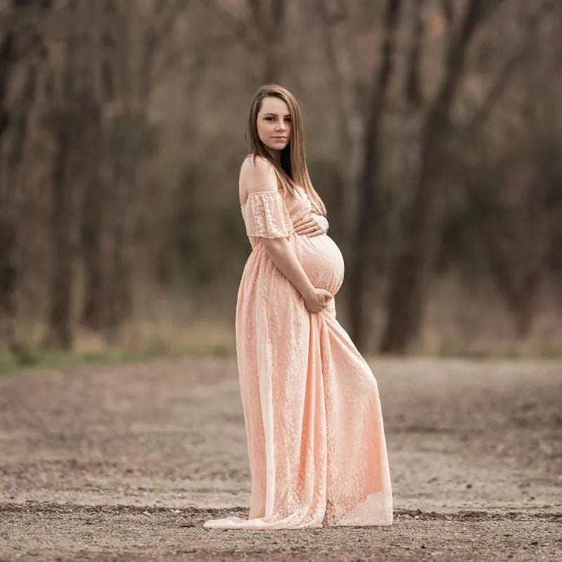 Maxy Pregnant Women Off Shoulder Ruffle Sleeve Lace Maternity Gown Maxi Photography Dress Elegant Pregnancy Dresses for Photo Shoot