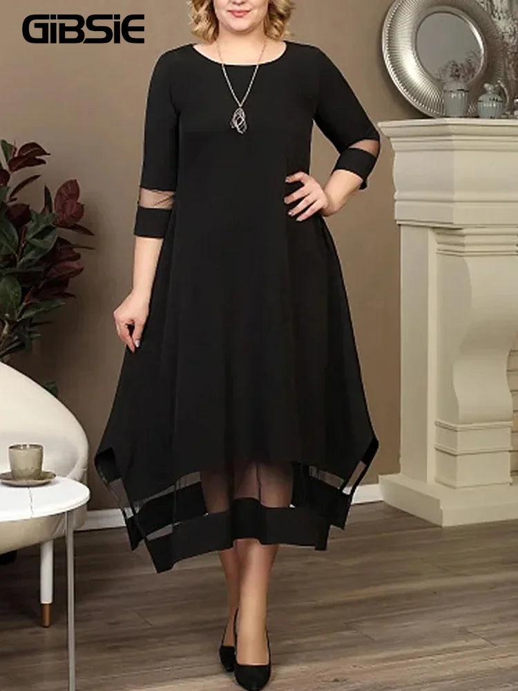 Maxy Plus Size Black Contrast Mesh Splicing Long Dress Women Summer O-Neck 3/4 Sleeve Elastic Knitted Elegant A-Line Dresses