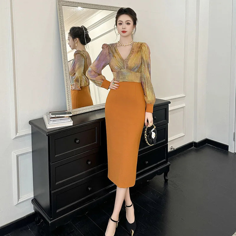 Maxy Office Women Bubble Sleeve Mid-Length Dress 2024 Spring New Temperament V-neck Stitching High Waist Sheath Fake Two Pieces Dress