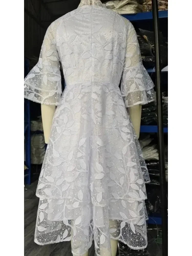 Amay Dashiki Clothing African Party Evening Dresses for Women Summer Elegant 2024 White Mesh High Waist 3/4 Sleeve Midi Dress