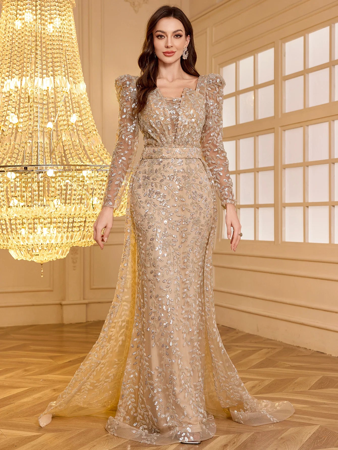 Maxy UNITHO Women's Long Sleeve Sweetheart Neck Diamond Embellished Sequined Evening Gown,Party Dress