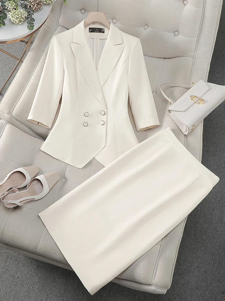 Maxy Fashion Women Formal Blazer Skirt Suit Ladies Blue Apricot Pink Female Two Piece Set For Spring Summer