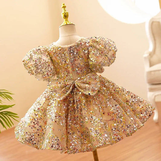 Maxy Child Girls Evening Dresses Champagne Gold Luxury Birthday Party Gown Sequin Pageant Formal Dress Teen Wedding Prom Frock