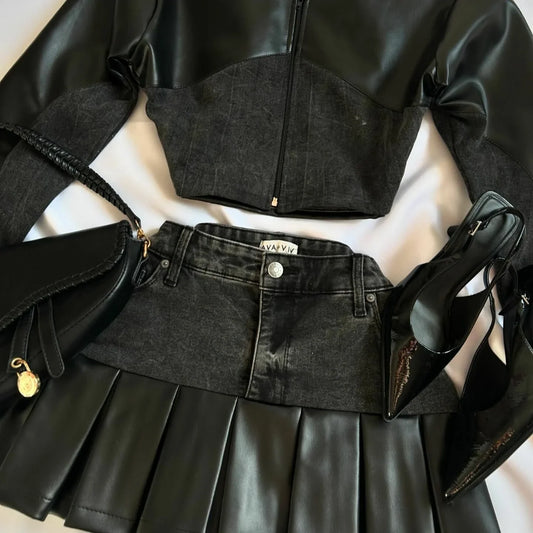 Maxy Two Piece Sets Women Outfits Y2K Pu Leather Spliced Denim Black Skirt Sets New Harajuku Gothic Sexy Zipper Jacket Mini Skirt