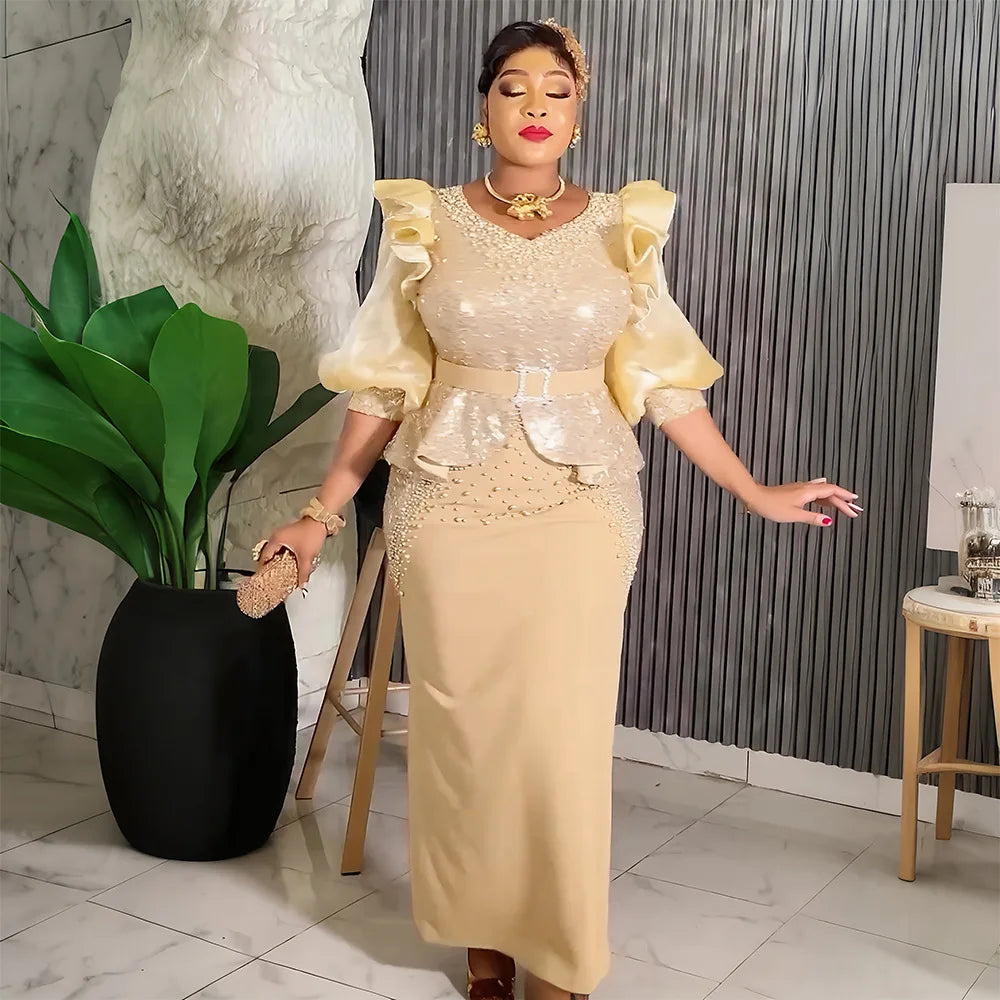 Maxy Dresses for Women Plus Size Ankara Dashiki Africa Clothing Sequin Evening Wedding Party Gown Abaya Turkey Kaftan Outfits
