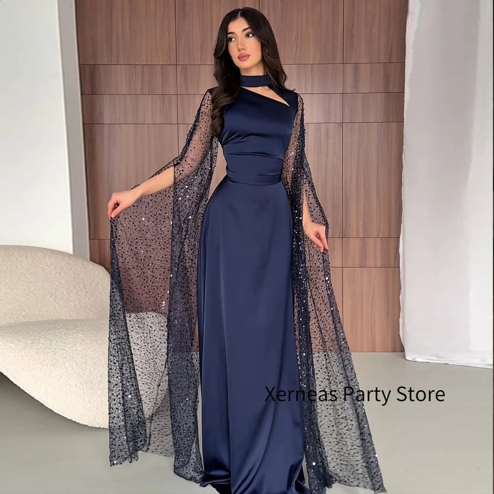 Maxy Sexy Satin Evening Dresses with Beaded Cloak Navy Luxury Party Dress for Women Prom Pageant Formal Elegant Gowns