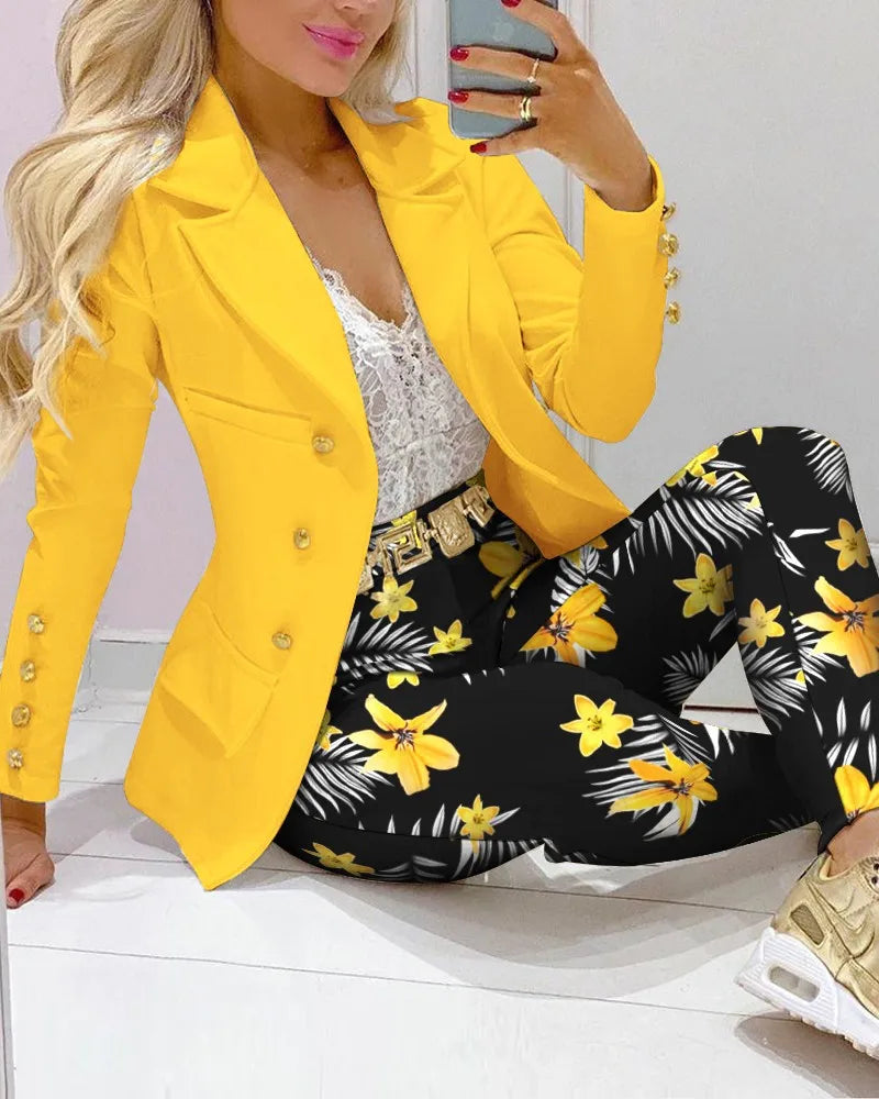 Maxy Fashion Butterfly Print Blazer Suit and Pants Two Piece Set for Women Autumn Winter Outfit Office Lady Casual Clothing