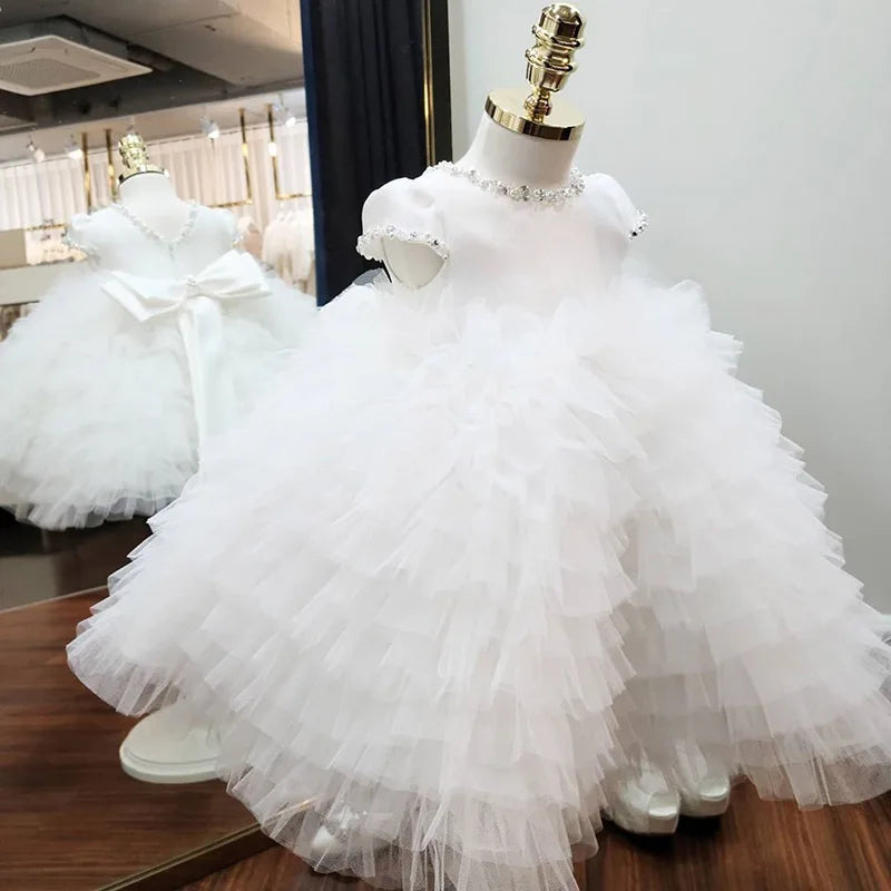 Amay Baby Girls White Lace Princess Tutu Dress Kids Infant Layered Tulle Dress Ball Gown Children Birthday Party Christmas Dresses