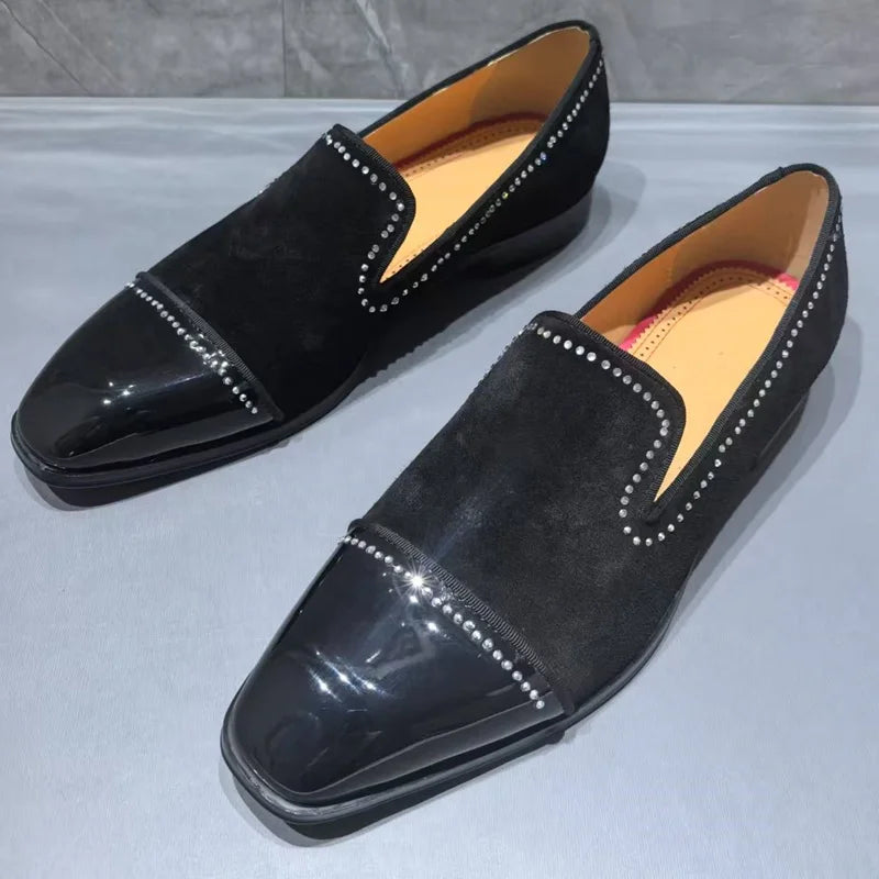 Visco High Quality Black Suede Loafers Man Rhinestone Shoes Fashion Leather Dress Shoes Men Slip On Party And Wedding Shoes